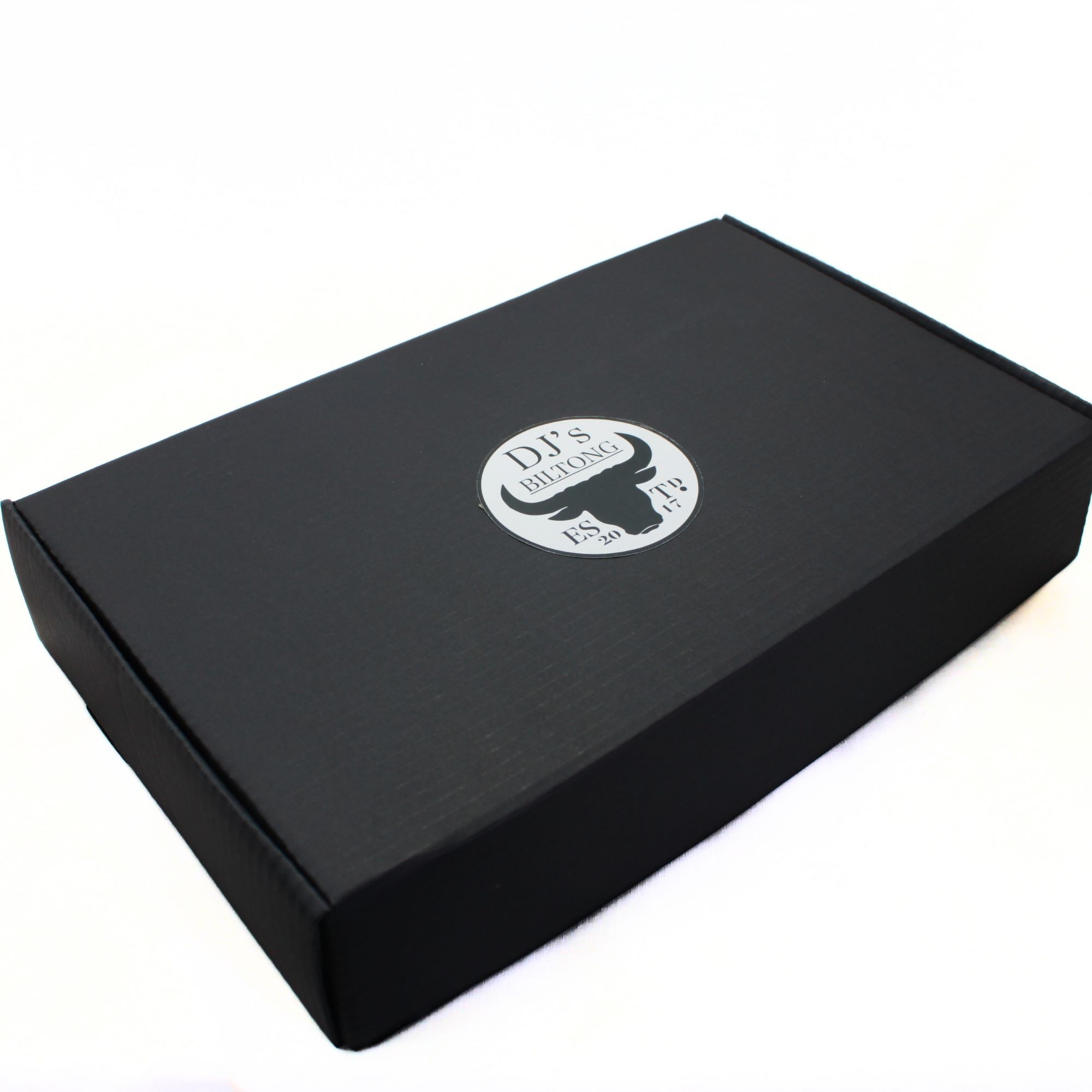 Closed black DJ’s Biltong starter box with logo label on the lid, ready for delivery
